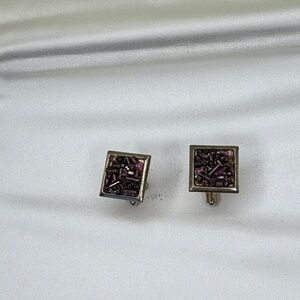 Upcycled Square Purple Beaded Cufflinks in A Gold Tone Setting